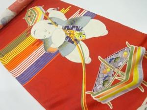 アンティーク　紋錦紗御所人形模様コート地羽尺反物